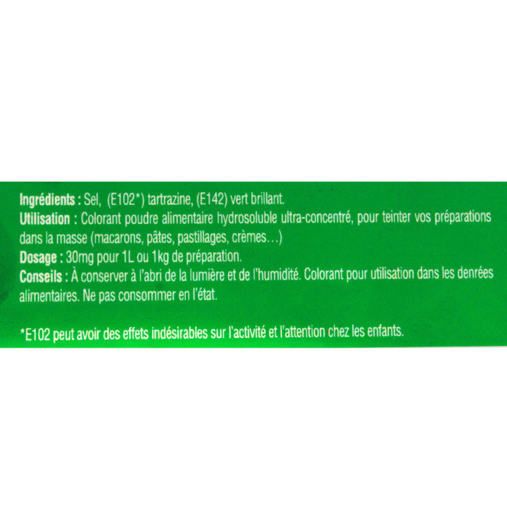 Colorant alimentaire en poudre hydrosoluble vert prairie 10