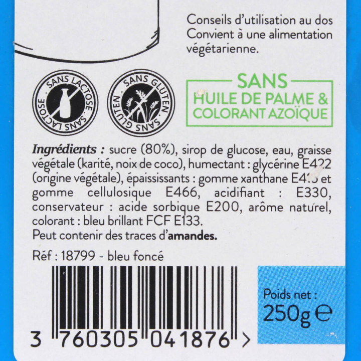 Pâte à sucre sans huile de palme bleu foncé 250 gr