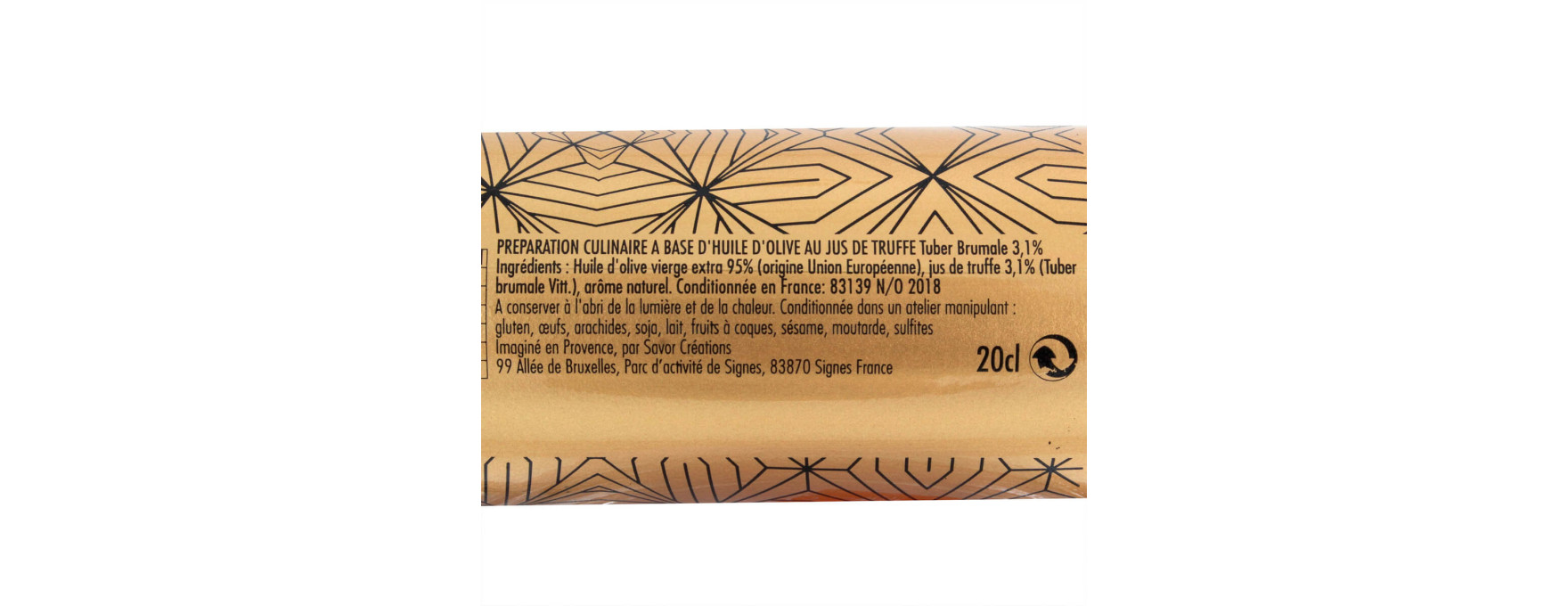 Huile d'olive jus de Truffe sérigraphiée dorée 20cl - Savor et Sens