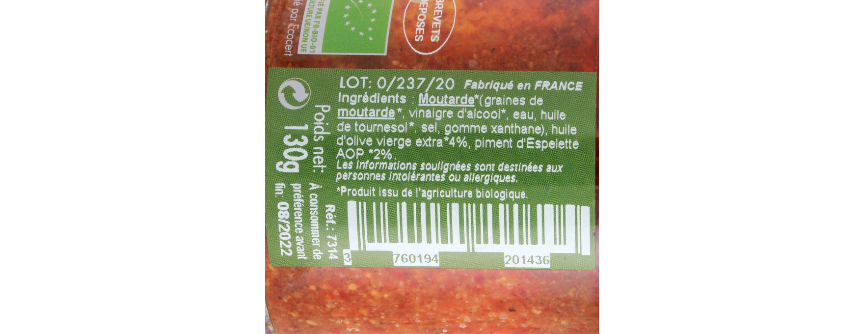 Moutarde bio espelette 130g - Savor et Sens