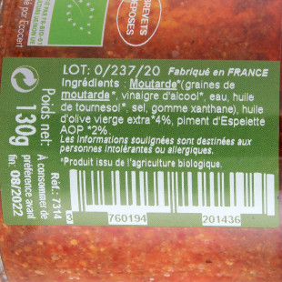 Moutarde bio espelette 130g - Savor et Sens