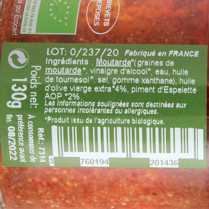 Moutarde bio espelette 130g - Savor et Sens