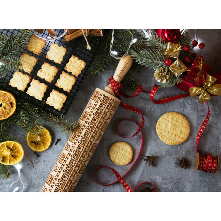 Rouleau à empreintes en bois Noël : cadeaux 25 cm - Alice Dé