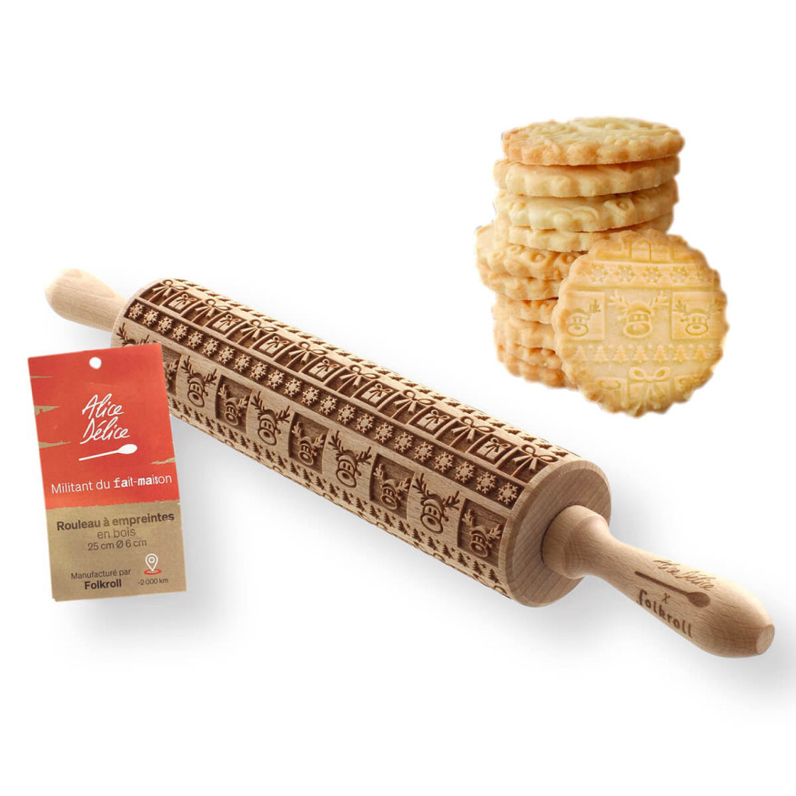 Rouleau à empreintes en bois Noël : cadeaux 25 cm - Alice Dé