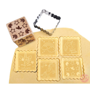 Tampon en bois pour biscuit 5 motifs et emporte pièce motif