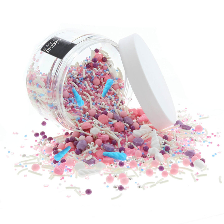 Décor à parsemer : mélange sprinkles Licorne bleu, rose et blanc