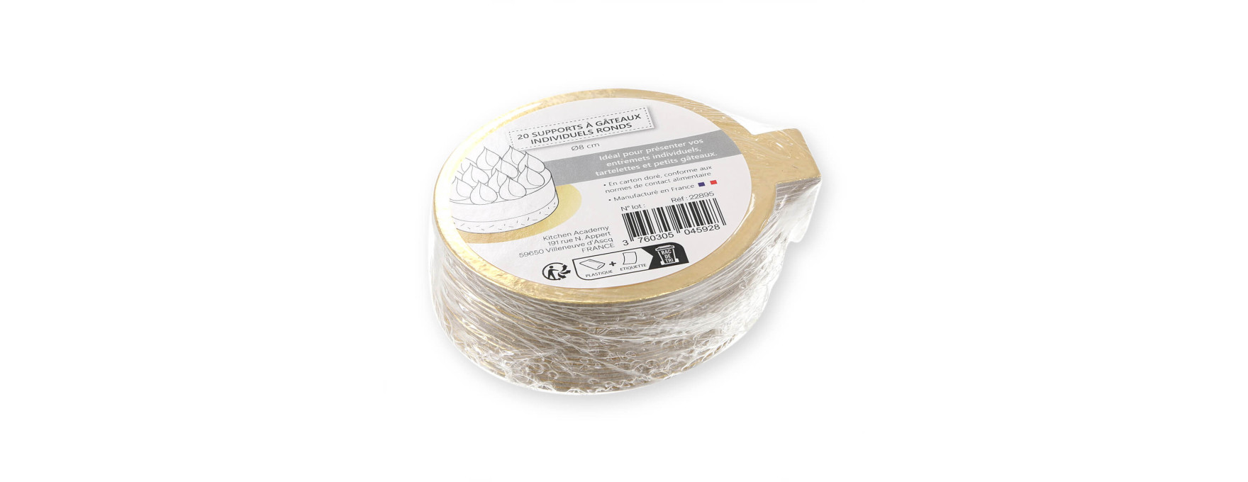20 mini supports à gâteaux ronds dorés 8 cm