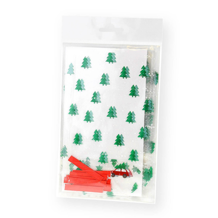 10 sachets confiseur avec clips Sapins de Noël 11.5 x 19 cm