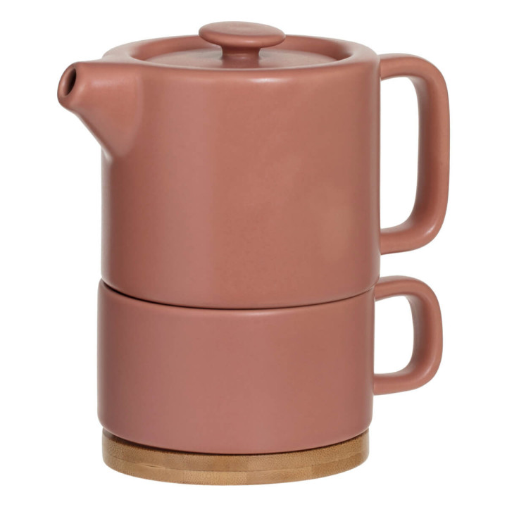 Théière solitaire en bambou et céramique rose terracotta - Secret Gourmet