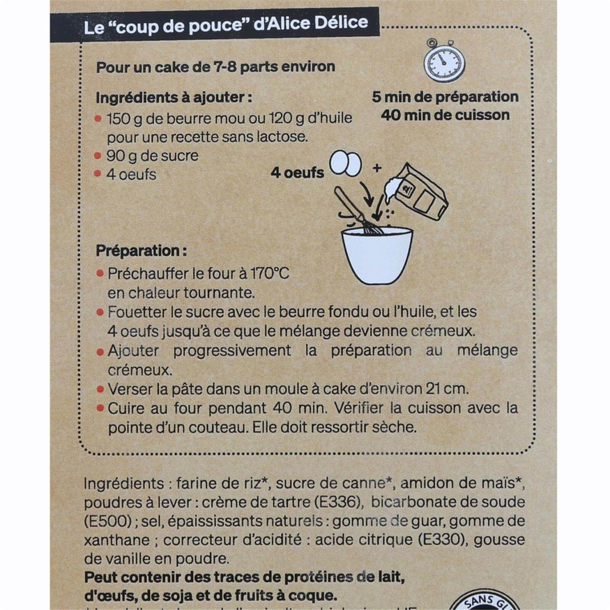 Préparation cake à la vanille bio sans gluten 250 gr - Alice Délice