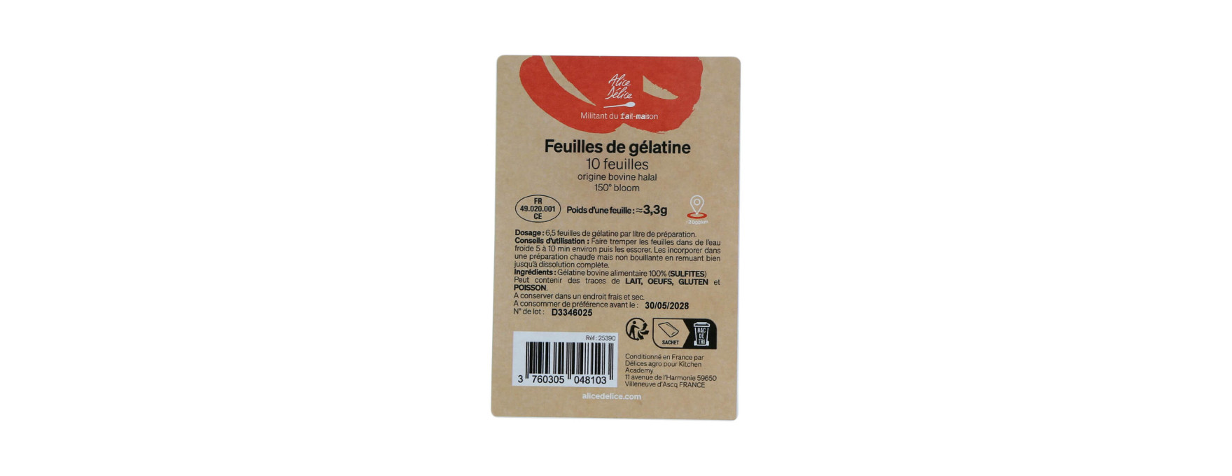10 feuilles de gélatine bovine halal 150° bloom 33 gr - Alic