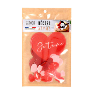 Lot de 28 décors comestibles en azyme Je t´aime : cœurs rouges