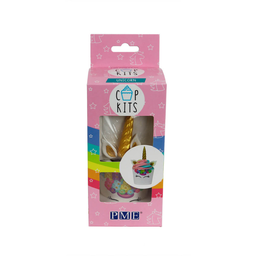 Set cupcakes licorne : 6 caissettes blanches, 6 caissettes licornes et sets décor en sucre