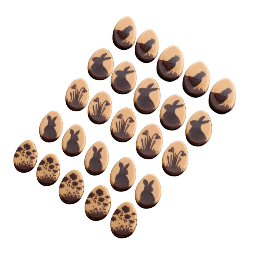 Décor en chocolat : 25 oeufs de Pâques plats motifs poule, l