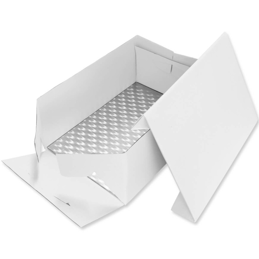 Boîte et support à gâteau rectangulaire en carton blanc et argent
