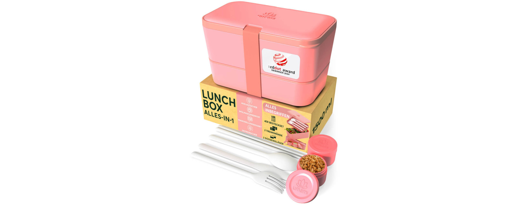 Bento encastrable avec 2 pots et couverts 1,5L rose - Umami