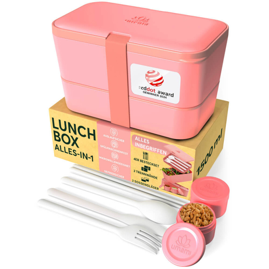Bento encastrable avec 2 pots et couverts 1,5L rose - Umami