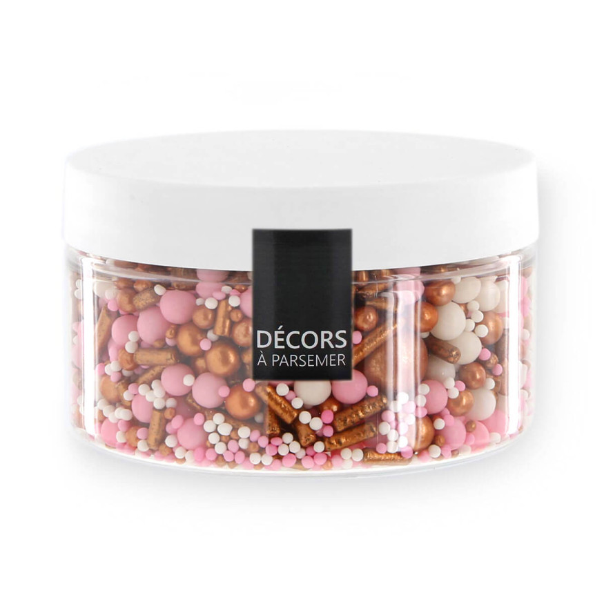Décor à parsemer : mélange sprinkles cuivré, rose et blanc 1