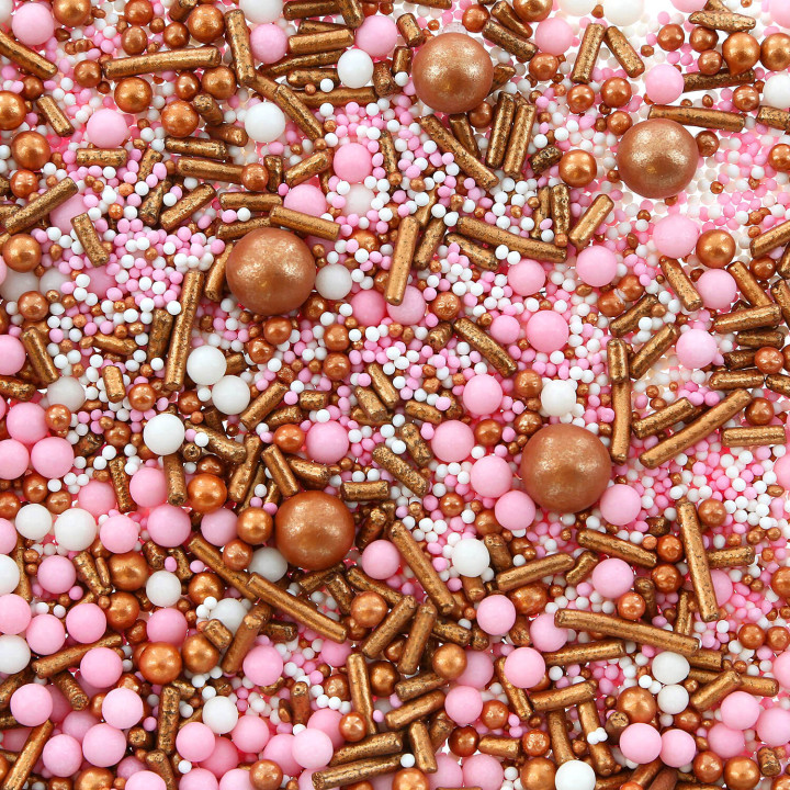 Décor à parsemer : mélange sprinkles cuivré, rose et blanc 1