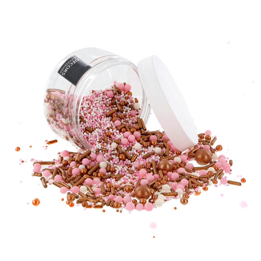 Décor à parsemer : mélange sprinkles cuivré, rose et blanc 1