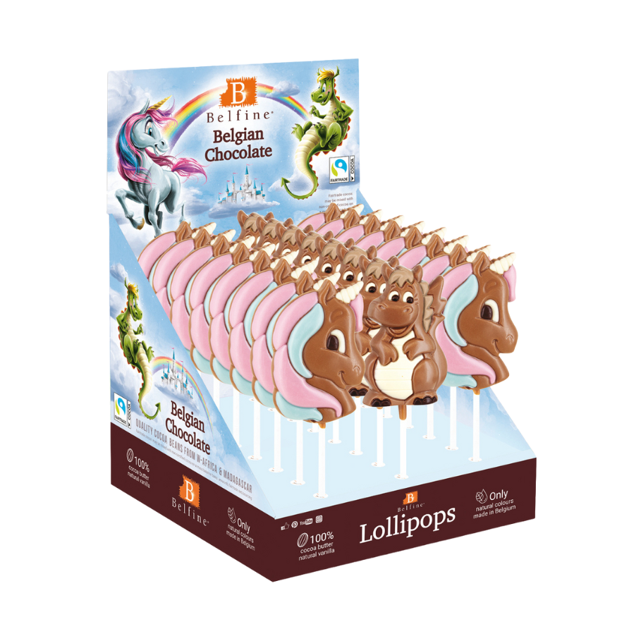 Sucette au chocolat au lait Licorne ou Dragon 35 gr - Belfin