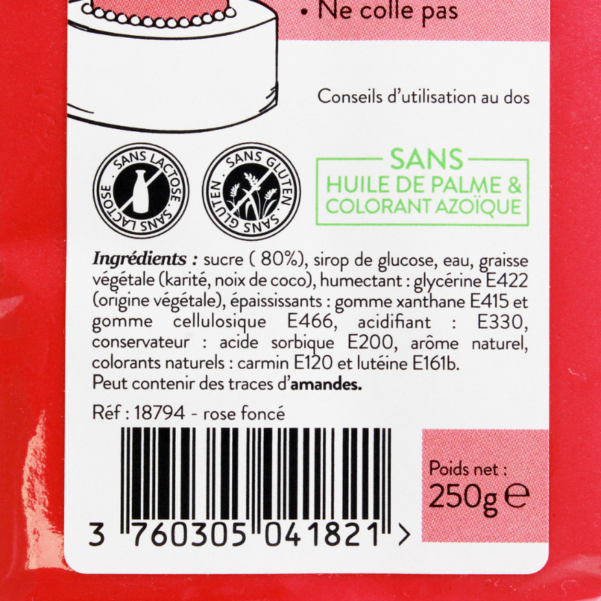Pâte à sucre sans huile de palme rose foncée 250 gr