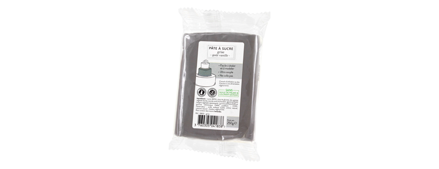 Pâte à sucre sans huile de palme grise 250 gr