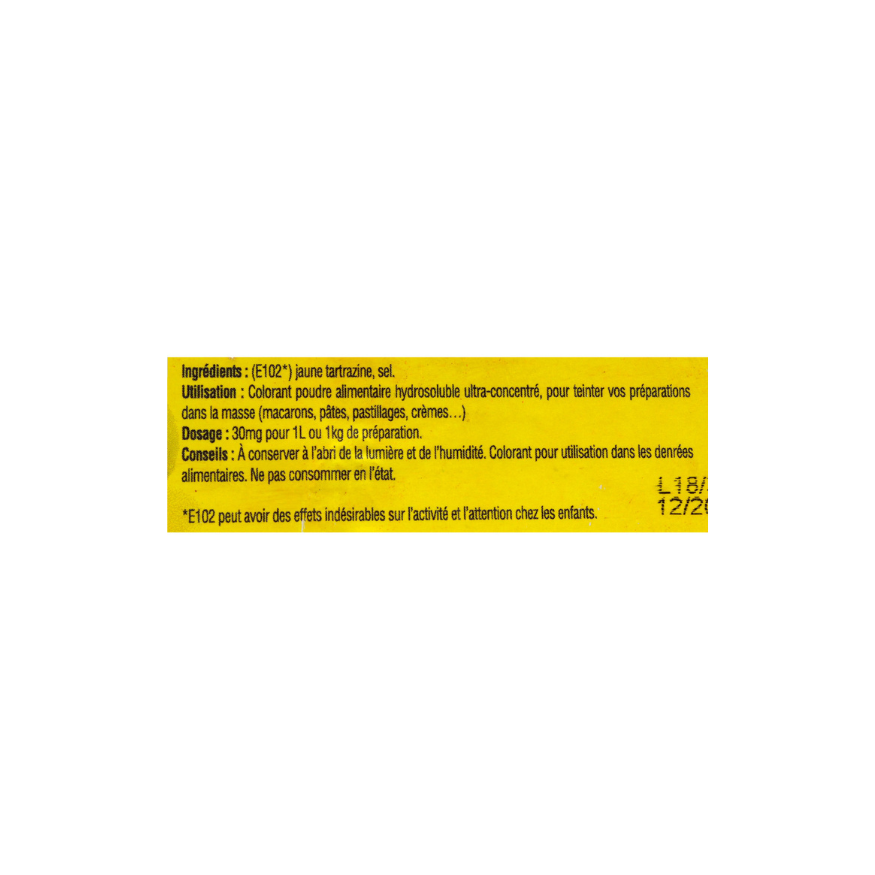 Colorant alimentaire en poudre hydrosoluble jaune citron 10