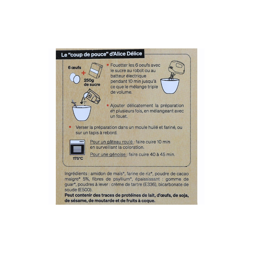 Préparation génoise cacao bio sans gluten 250 gr - Alice Dél