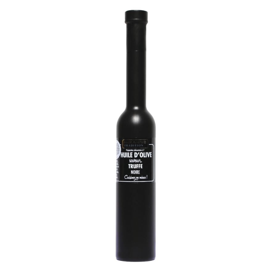 Huile d´olive saveur truffe noire 20 cl sérigraphiée noire -