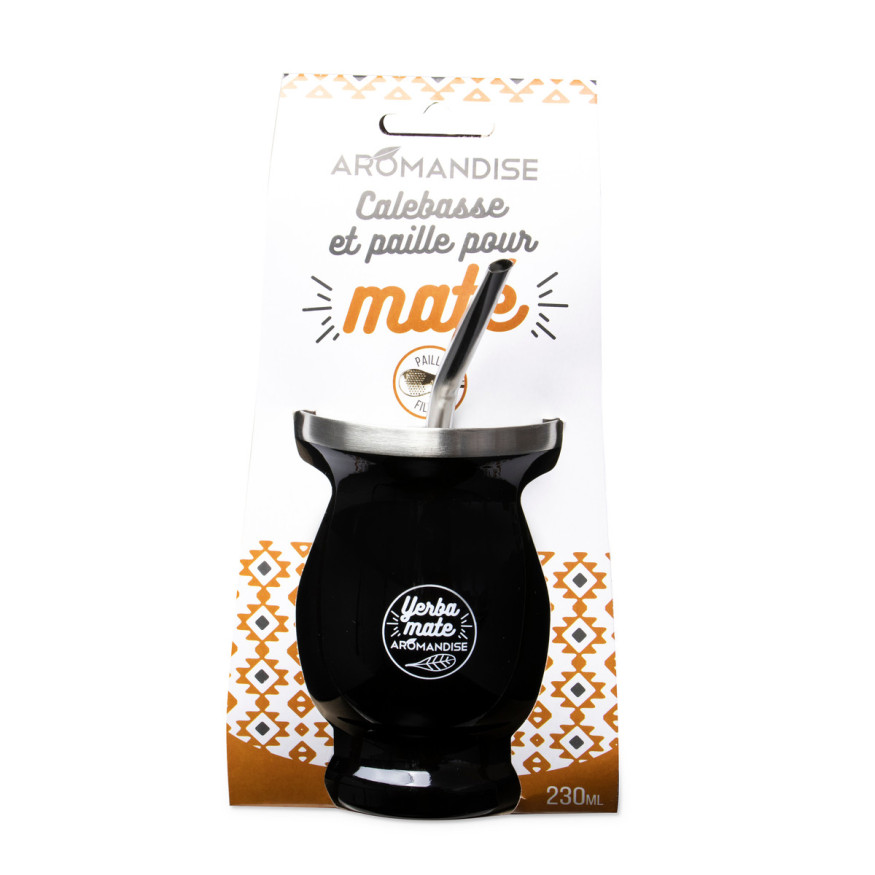 Calebasse à maté noire avec paille en inox 230 ml - Aromandi
