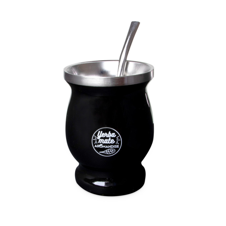 Calebasse à maté noire avec paille en inox 230 ml - Aromandi
