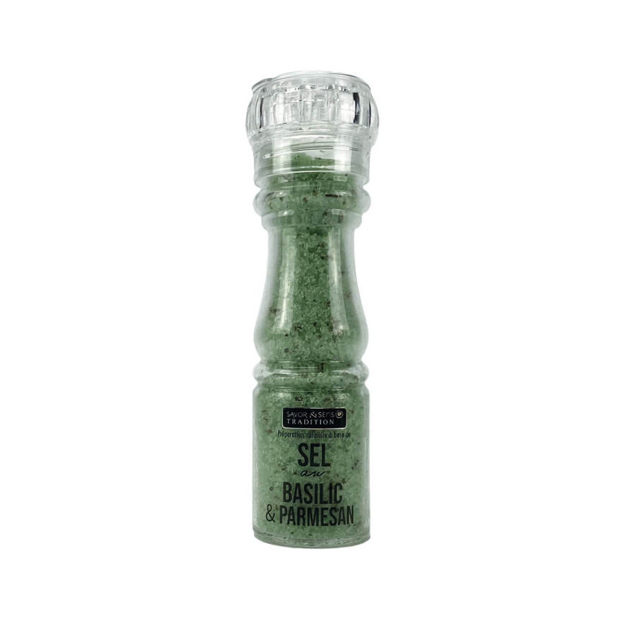 Moulin en verre sel basilic et parmesan 150g - Savor et Sens
