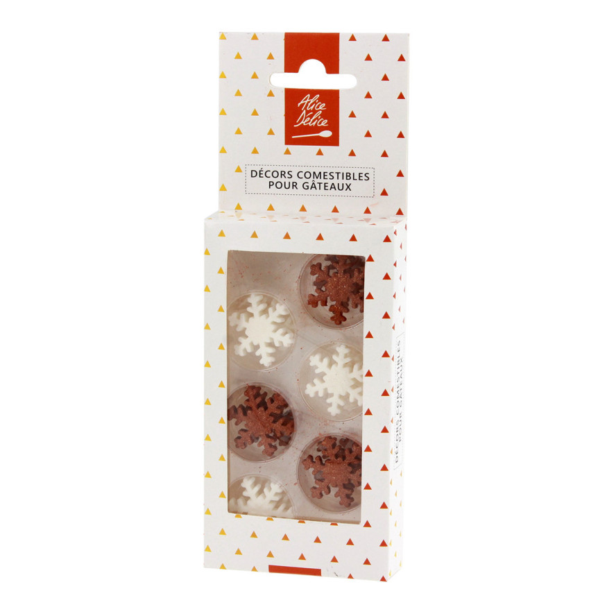 Plaque de décors comestibles : 12 flocons dorés et blancs No