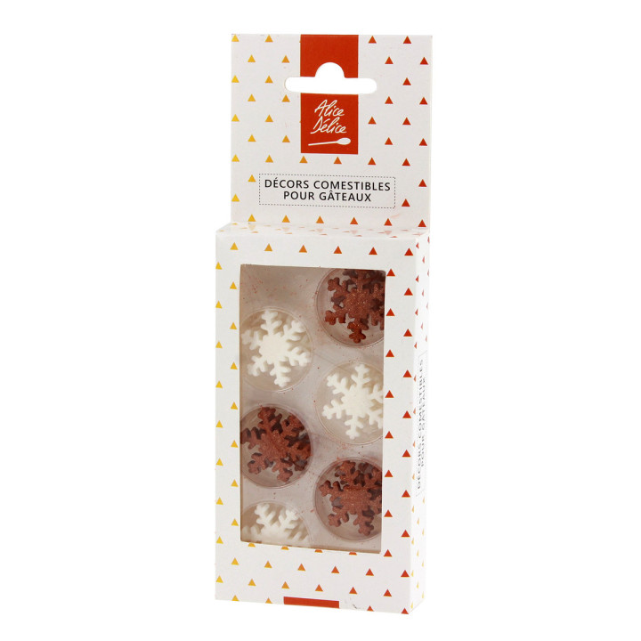 Plaque de décors comestibles : 12 flocons dorés et blancs No