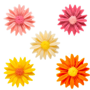 Décor en chocolat : 8 fleurs roses, jaunes et oranges 2,5 cm Décor en chocolat : 8 fleurs roses, jaunes et oranges 2,5 cm