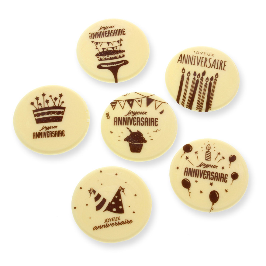Décor en chocolat : 6 plaques Joyeux Anniversaire blanc et n