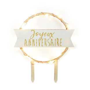Décor de gâteau : joyeux anniversaire en bois avec led 12 cm