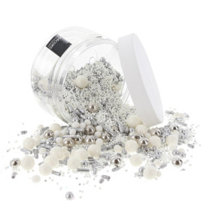 Décor à parsemer : mélange sprinkles blanc et argenté 100 gr Décor à parsemer : mélange sprinkles blanc et argenté 100 gr