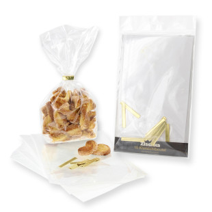 10 sachets confiseur transparent avec clips 14,5 x 23,5 cm -