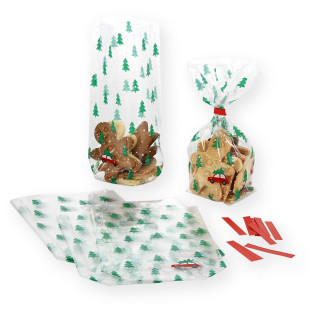 10 sachets confiseur avec clips Sapins de Noël 11.5 x 19 cm