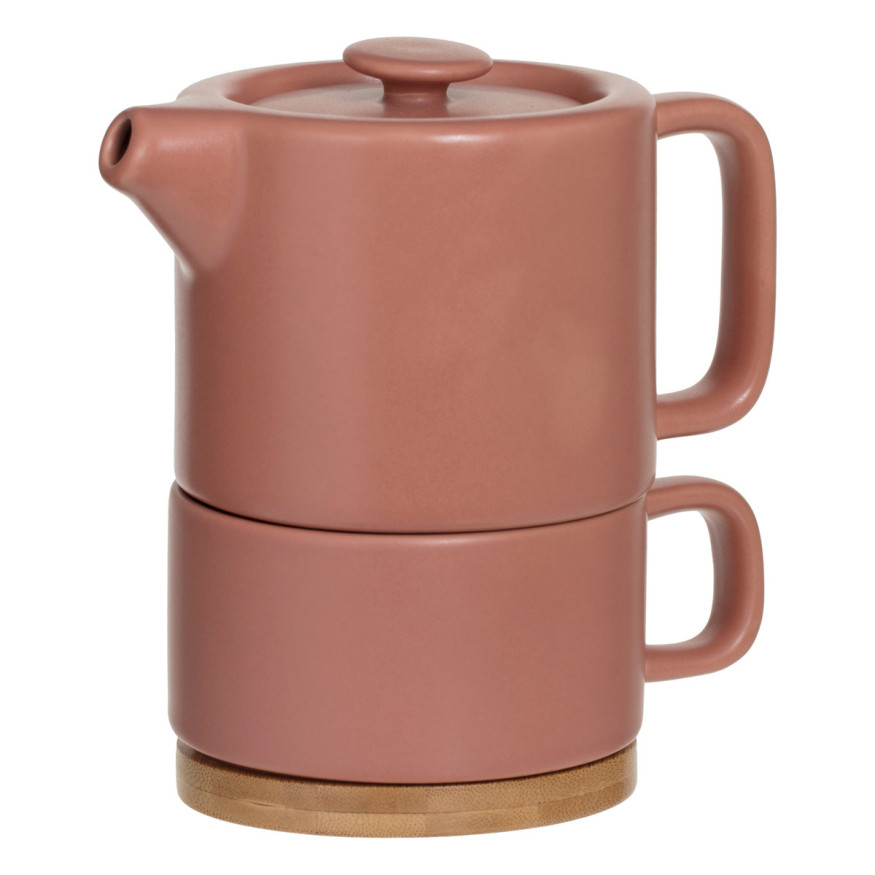 Théière solitaire en bambou et céramique rose terracotta 40 