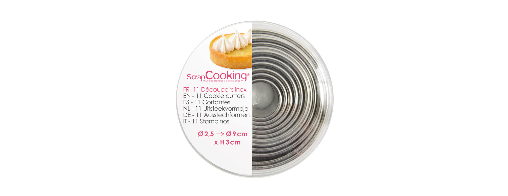 Boite de 11 emporte-pièces ronds en inox de 2.5 à 9 cm haute