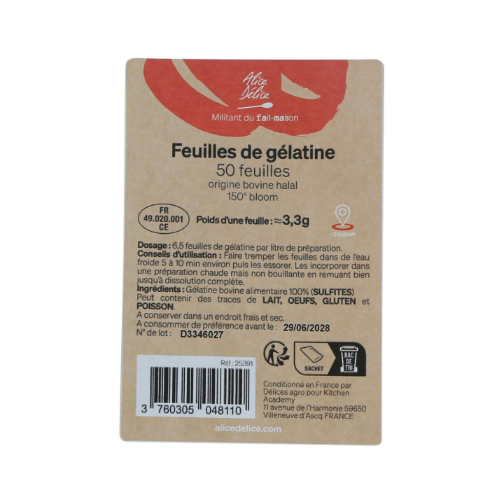 50 feuilles de gélatine bovine halal 150° bloom 165 gr - Ali