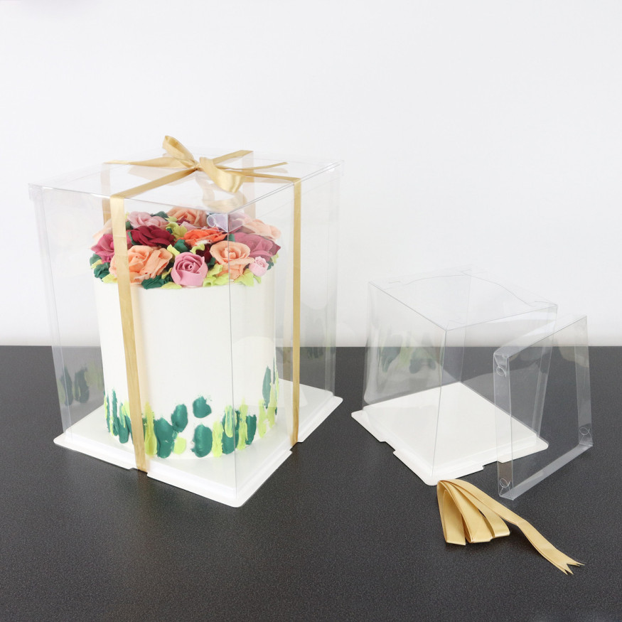 Boîte à gâteaux vitrine Crystal avec ruban doré : 35x35x38cm