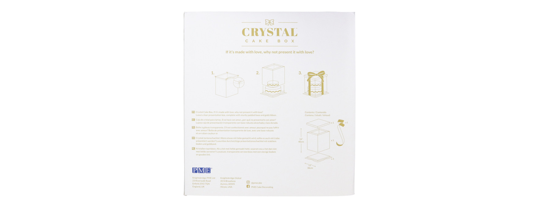 Boîte à gâteaux vitrine Crystal avec ruban doré : 35x35x38cm