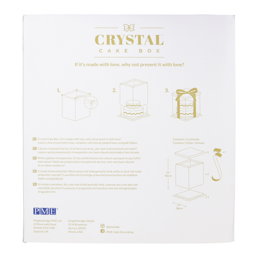 Boîte à gâteaux vitrine Crystal avec ruban doré : 35x35x38cm