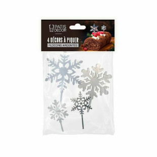 Décor de gâteau et bûche de Noël : 4 cake toppers flocons argentés