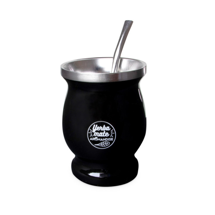 Calebasse à maté noire avec paille en inox 230 ml - Aromandi