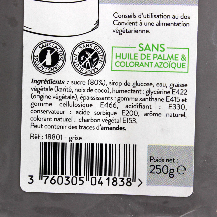 Pâte à sucre sans huile de palme grise 250 gr